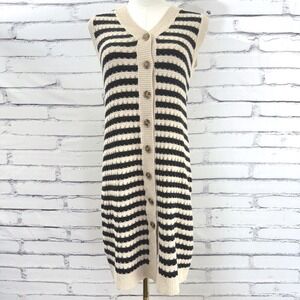 Black Cream Striped Long Knit Sweater Vest Dress Button Front Sleeveless Size S
